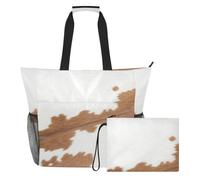JUNZAN Borsa di totalizzatore versatile della spiaggia con il sacchetto | Tasche laterali in rete multi tasca borsa da spiaggia vacanza spiaggia fiore selvatico mucca marrone