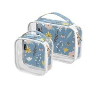 junzan Borse da viaggio trasparenti blu delle foglie dei fiori della borsa da viaggio di dimensioni del quarto Tsa ha approvato le borse di trucco trasparenti per il viaggio, Fiori Foglie Blu, Pack of
