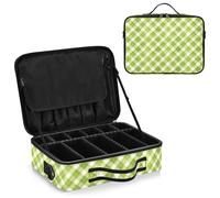 junzan Grande borsa organizer da viaggio a quadretti per trucchi, custodia piatta per truccatori con divisori e tracolla regolabile, verde neon, Verde fluo 03_4, 14.6 x 10.6 x 4.7 inches, Colorato