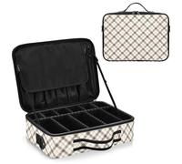 junzan Grande borsa organizer da viaggio in peltro a quadri per trucchi, custodia piatta per trucchi, con divisori e tracolla regolabile, Plaid Check Peltro, 14.6 x 10.6 x 4.7 inches, Colorato