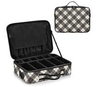 junzan Grande borsa organizer da viaggio per trucchi, a quadri, color grigio antracite, custodia piatta per truccatori con divisori e tracolla regolabile, Grigio antracite, 14.6 x 10.6 x 4.7 inches