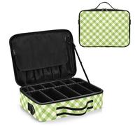 junzan Grande borsa organizer da viaggio per trucchi, a quadri, custodia piatta per make up artist con divisori e cinturino regolabile, verde neon, Verde fluorescente, 14.6 x 10.6 x 4.7 inches