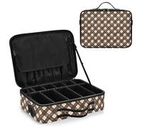 junzan Grande borsa organizer da viaggio per trucchi, a quadri, custodia piatta per make up artist con divisori e tracolla regolabile, marrone cioccolato, Cioccolato, 14.6 x 10.6 x 4.7 inches
