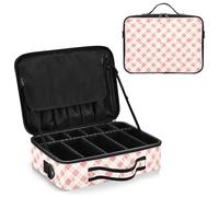junzan Grande borsa organizer da viaggio per trucchi, a quadri, custodia piatta per make up artist con divisori e cinturino regolabile, rosa antico, Rosa polvere, 14.6 x 10.6 x 4.7 inches, Colorato