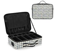 junzan Grande borsa organizer per trucchi a scacchi grigio blu da viaggio, custodia piatta per truccatori con divisori e tracolla regolabile, Grigio Blu Checker, 14.6 x 10.6 x 4.7 inches, Colorato
