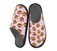 JUNZAN Pantofole a quadri con zucche di Halloween per donne e uomini, pantofole in memory foam per camera da letto, rosa e bianco, Halloween Zucche Plaid, 8-8.5 Women/9-9.5 Men