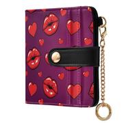 JUNZAN Piccoli portafogli da donna con labbra rosse e cuori, portachiavi sottile, da donna, con porta carte bifold e tasca portamonete con cerniera, blocco RFID, viola