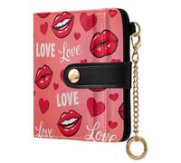 JUNZAN Portafogli piccoli con cuori e labbra rosa da donna sottile portachiavi portafoglio per donne Custodia a due ante con cerniera tasca portamonete blocco RFID