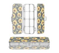 JUNZAN Scatola di plastica trasparente con girasoli gialli per penne a due piani scatole rigide per forniture di cancelleria con coperchio a scatto nero