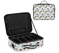 junzan Tropicale rosa verde grande borsa organizer trucco viaggio treno caso piatto make up artist caso con divisori e cinghia regolabile, Verde Rosa Tropicale, 14.6 x 10.6 x 4.7 inches, Colorato