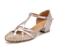 JUODVMP Donne Chiusura a T Scarpe da Ballo Latino Salsa Punta Chiusa Tango Moderno Cha-cha Scarpe da Ballo Champagne Sala da Ballo Festa di Nozze Tacco 3cm Modello 070-C,40 EU