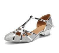 JUODVMP Donne Chiusura a T Scarpe da Ballo Latino Salsa Punta Chiusa Tango Moderno Cha-cha Scarpe da Ballo Argento Sala da Ballo Festa di Nozze Tacco 3cm Modello 070-C,38 EU