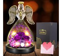 JUOIFIP 3pcs Rosa Stabilizzata Vera Regalo Donna, Rosa Eterna con Angelo di Vetro, Angelo Regali Donna Mamma Natale Originali, Idee Regalo San Valentino Festa della Mamma,Viola