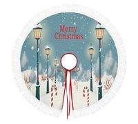 Jupe De Sapin De Noël 122cm, Cache-Pied Rond Avec Motifs Lampadaires Pour Une Scène Nocturne D'Hiver,Bleu Clair Couverture Décorative De Sapin Pour La Maison,Décoration Pour Salon Et Fête