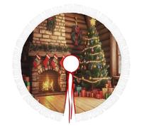 Jupe De Sapin De Noël 122cm Couleur Orange, Couvre-Pied Pliable Avec Glands, Scène Sapin Noël Dans Une Cabane En Bois Avec Cheminée Tapis Décoratif D’Arbre Pour Maison, Vacances & Bureau