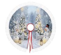 Jupe De Sapin De Noël 122cm De Diamètre,Tapis Décoratif Artisanal À Glands, Scène Bonhomme Neige Et Lanterne Dans Un Champ Neige Tablier De Fond De Sapin Pour Décoration Intérieur (Bleu Clair)