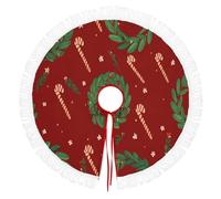 Jupe De Sapin De Noël 122cm Rouge, Couvre-Pied Pliable Avec Glands, Motifs Cannes Noël En Forme Couronne Tapis Décoratif D’Arbre Pour Maison, Vacances & Bureau