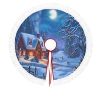 Jupe De Sapin De Noël 122cm Style Conte De Fées D'Hiver, Motif Chalet Confortable La Forêt Nocturne, Bleu Couverture Décorative Pour Sapin & Fête