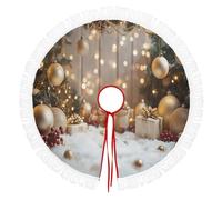 Jupe De Sapin De Noël 76cm De Diamètre,Tapis Décoratif Artisanal À Glands, Éléments Cadeaux Sphères Dorées Tablier De Fond De Sapin Pour Décoration Intérieur (Or)