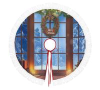 Jupe De Sapin De Noël 76cm De Diamètre,Tapis Décoratif Artisanal À Glands, Grandes Fenêtres Avec Vue Sur La Forêt Enneigée Tablier De Fond De Sapin Pour Décoration Intérieur (Bleu)