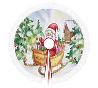 Jupe De Sapin De Noël 76cm Peinture À L'Aquarelle, Motif Sapin Du Père Noël, Blanc Couverture Décorative Pour Sapin & Fête