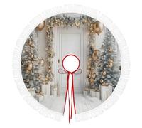 Jupe De Sapin De Noël 90cm Blanc, Couvre-Pied Pliable Avec Glands, Couronnes Bijoux En Or - Éléments Cadeaux Tapis Décoratif D’Arbre Pour Maison, Vacances & Bureau