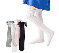 Jupsk 4 Paia di Calze da Scuola Alte al Ginocchio Con Fiocchi - Cotone Con Pizzo, Lunghe Uniformi Bianche, Maglia Sottile Estiva per Ragazze Bambine 4-10 Anni