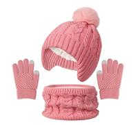 Jupsk Set invernale con cappello, sciarpa e guanti, lavorato a maglia, scaldacollo spesso, con pompon e fodera in pile, per bambini da 3 a 10 anni, rosa, Taglia unica
