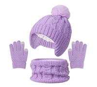 Jupsk Set invernale con cappello, sciarpa e guanti, lavorato a maglia, scaldacollo spesso, con pompon e fodera in pile, per bambini da 3 a 10 anni, Viola, Taglia unica