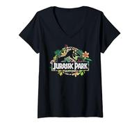 Jurassic Park Floral Tropical Fossil Logo Maglietta con Collo a V