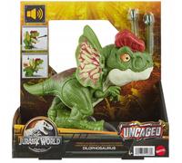 Mattel Jurassic World - Giocattolo di dinosauro Uncaged Fierce Launchin Dilophosaurus con dart Style Shooting Action, suono, 2 proiettili, HNT65