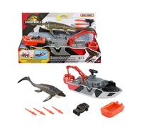 Matchbox Mattel Jurassic World - La rinascita, playset con barca da 31,8 cm circa con Mosasauro da 33 cm circa, jeep die-cast in scala 1:64, missili arpione e barca di salvataggio rimovibile, JGG61