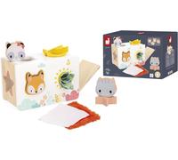Janod - Giocattolo in legno scatola di fazzoletti per bambini A partire dai 12 mesi - 4 pezzi da incastrare + 4 fazzoletti con texture diverse - Scatola con forme da incastrare - A partire dai 12 mesi