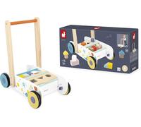 Janod - Carrello da Passeggio in Legno per Neonati e Bambini dai 12 Mesi - 18 Pezzi in Legno Inclusi + Scatola Sagomata - Ruote silenziose + Sistema frenante - dai 12 Mesi