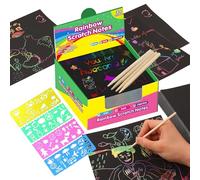 JurciCat 200 Fogli Neri Da Grattare Bambini Arcobaleno Con 4 Penne Legno e 4 Stampini Colorare Per Scratch Art Bambini Set Disegni Da Grattare Per Disegno Creazione Giochi Divertenti (8,5 * 8,5 Cm)