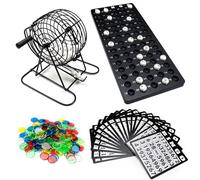 JurciCat Set Da Gioco Con Macchina Per Lotteria A Tamburo Metallico Con 18 Biglietti Tabellone 75 Palline Numerate 150 Gettoni Manuale Feste Dopo Cena Natale Festività E Eventi Regalo (Nero)