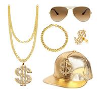 JurciCat Vestiti anni 80 and anni 90 accessori 5 pezzi set collana dollaro bracciali anelli occhiali da sole cappelli Adatto per vestire il Martedì Grasso accessori anni 80