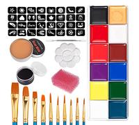 Juroupi 20 Pezzi Kit Pittura per il Viso Pittura per il Corpo con 12 Colori Colori Vivaci per il Viso Stencil Pennelli Spugna Colore Cera per Cicatrici Spatola per Trucco a
