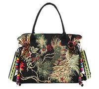 Jursccu Borse da donna in tela con paillettes Phoenix ricamate eleganti e casual con ciondoli decorativi vintage Nero Taglia unica