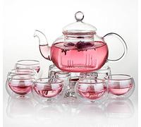 Jusalpha Teiera filtrante in vetro da 11 pezzi con scaldavivande e 6 tazze da tè (versione 2, 765 g)