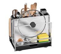 JUSHZ Porta Coperchi Pentole Salvaspazio Porta Taglieri Da Cucina Portacoperchi Organizer Coperchi Portacoltelli Cestello Portaposate Con Vaschetta Raccogligocce Acciaio Inox (Silver,26.5x20.2x23cm)