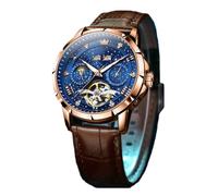 JUSKAQZYI sportivo orologio Orologio meccanico completamente automatico, impermeabile, da polso da uomo, multifunzione, luminoso, adatto come regalo for uomo elegante orologio(Brown belt+blue face)