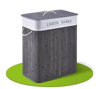Juskys Cesto da bucato in bambù Curly 100 litri grigio - Cestino per biancheria con coperchio, maniglia e 2 scomparti - Borsa per bucato in tessuto Cestino per la biancheria rimovibile e lavabile