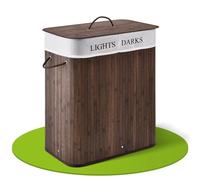 Juskys Cesto per il bucato in bambù Curly 100 litri marrone - Cestino per la biancheria con coperchio, maniglia e 2 scomparti - Borsa per il bucato in tessuto Cestino per la biancheria rimovibile