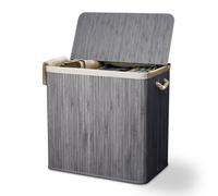 Juskys Cesto portabiancheria in bambù 150L - con coperchio, manico, sacco in tessuto - 3 scomparti per smistamento - Wäschebox elegante - Grigio