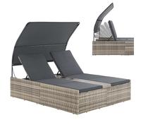 Juskys lettino doppio Syros in polyrattan - Sdraio da giardino per due persone - Con parasole e cuscini - Poggiatesta regolabile - Grigio mélange