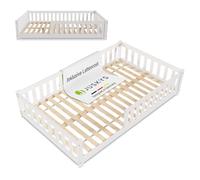 Juskys Letto a pavimento per bambini Naya 120x200 cm con barriera di sicurezza e rete a doghe - letto Montessori in legno massiccio di pino - letto con sponde per bambini e adolescenti - bianco
