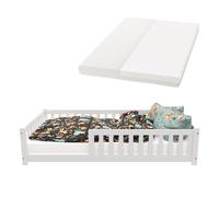 Juskys Letto a pavimento per bambini Naya 120x200 cm con materasso, barriera di sicurezza e rete a doghe - letto Montessori in legno massiccio di pino - letto con sponde per bambini - bianco