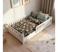 Juskys Letto a pavimento per bambini Naya 140x200 cm con barriera di sicurezza e rete a doghe - letto Montessori in legno massiccio di pino - letto con sponde per bambini e adolescenti - bianco