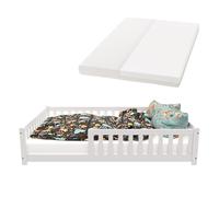 Juskys Letto a pavimento per bambini Naya 140x200 cm con materasso, barriera di sicurezza e rete a doghe - letto Montessori in legno massiccio di pino - letto con sponde per bambini - bianco
